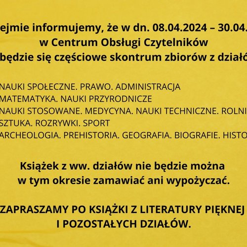 Obraz główny aktualności o tytule Skontrum w Centrum Obsługi Czytelników 