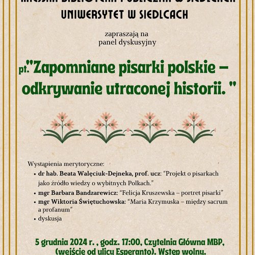Obraz główny aktualności o tytule Panel dyskusyjny pt. "Zapomniane pisarki polskie - odkrywanie utraconej historii." 