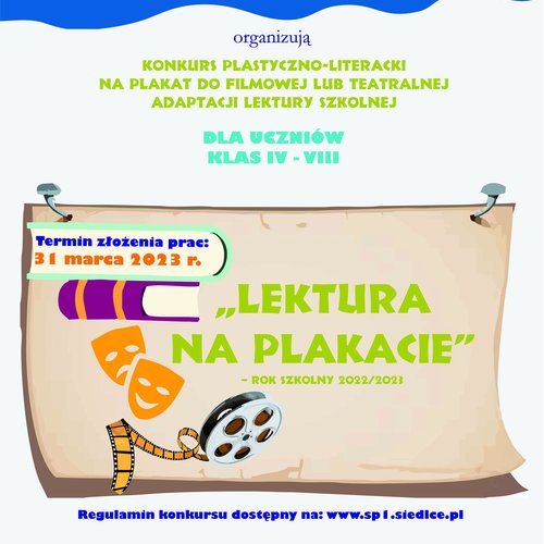 Obraz główny aktualności o tytule Konkurs plastyczno-literackim  pt. „Lektura na plakacie” 