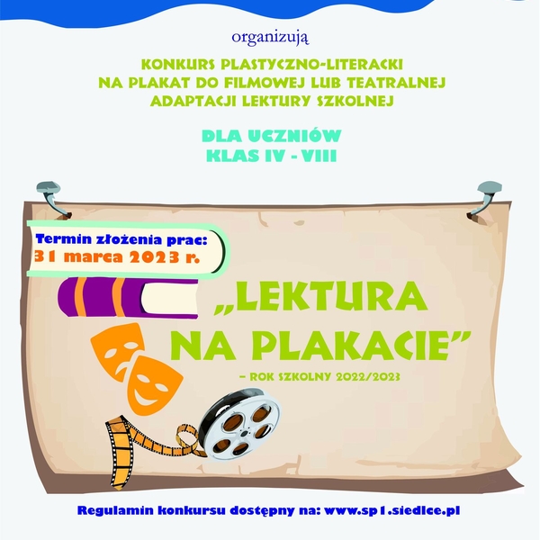 Obraz główny aktualności o tytule Konkurs plastyczno-literackim  pt. „Lektura na plakacie”