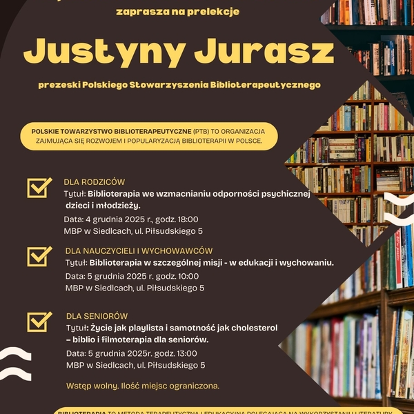 Obraz główny aktualności o tytule Zaproszenie na prelekcje Justyny Jurasz